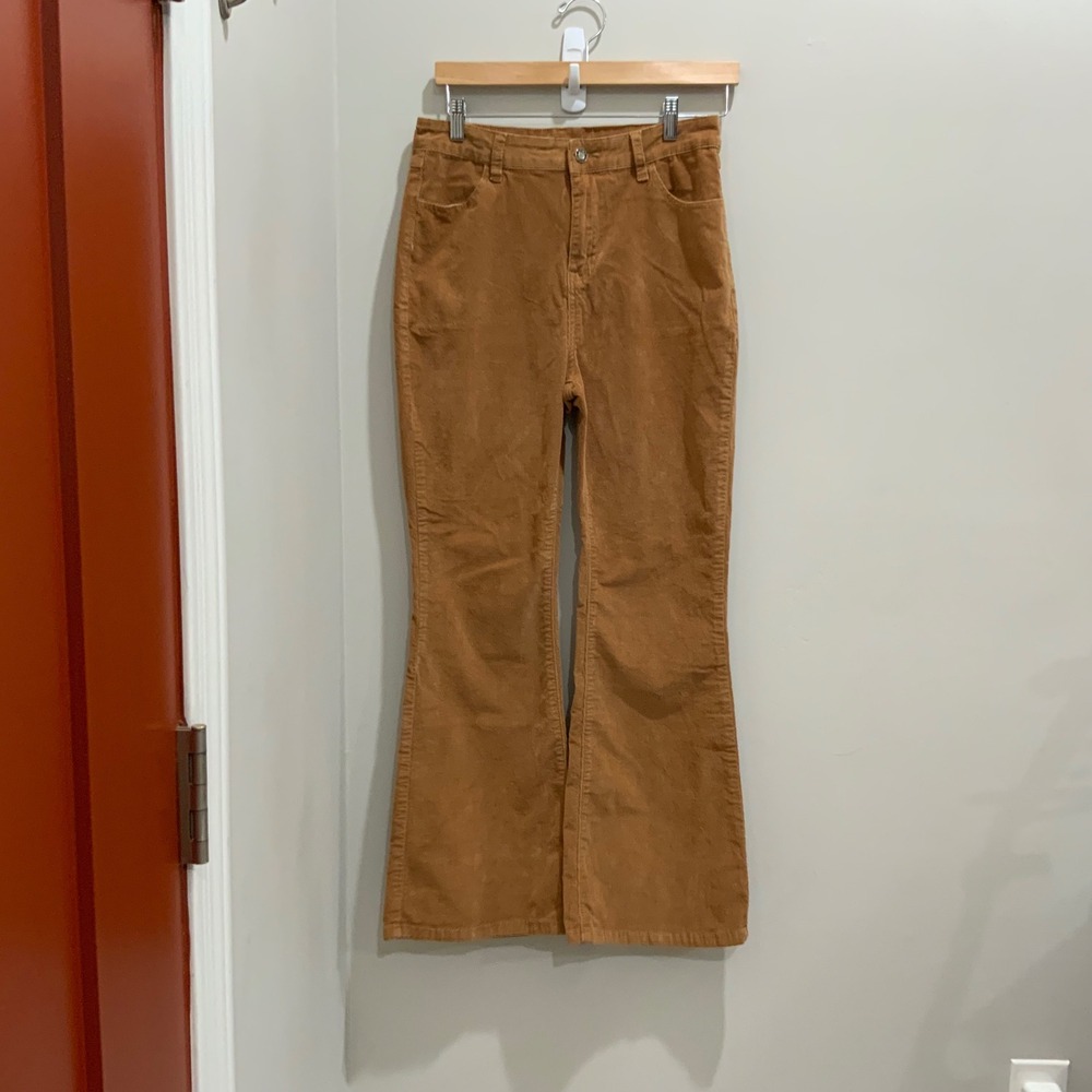 Camel Brown Corduroy High Waisted Flare Pants Size 14 Stretch Retro Boho